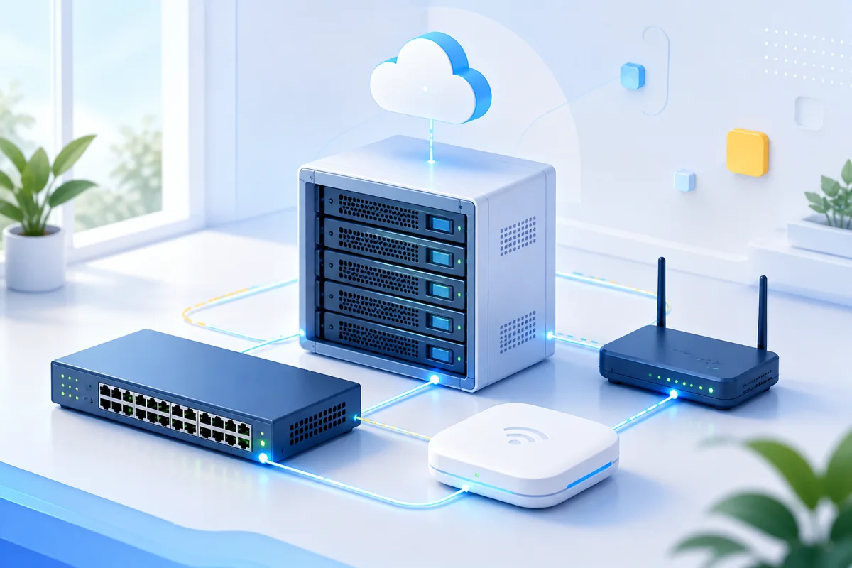 Stylizované servery, síťový switch, router a Wi-Fi přístupový bod propojené počítačovou sítí